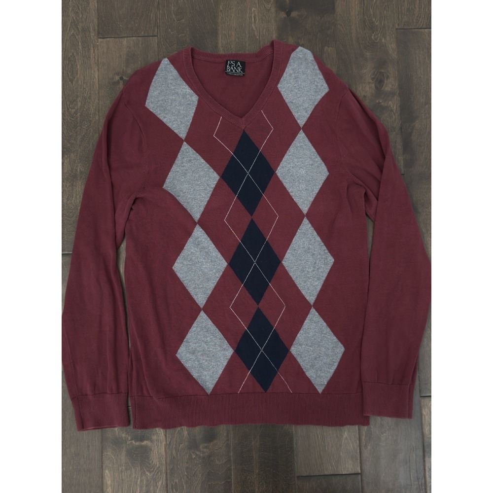 Jos A Bank Classic Collection Men's Red Argyle Sweater Size L Cotton Long Sleeve